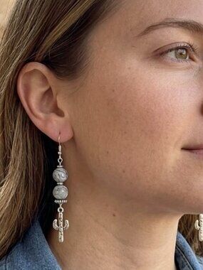 Grey Scenery Jasper Silver Cactus Pierced Earrings